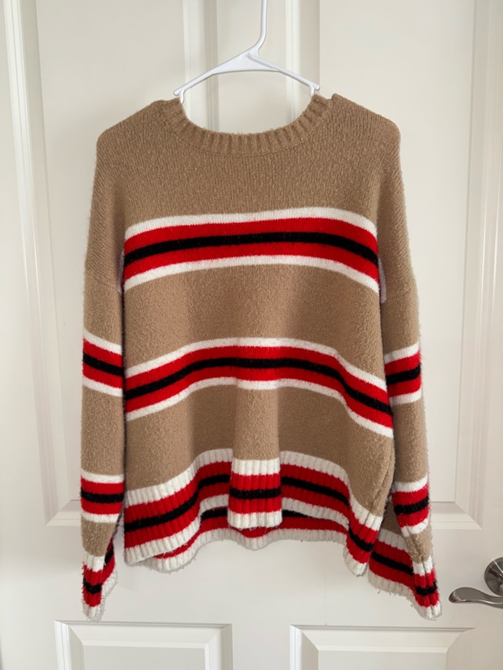 Cozy Striped Crewneck Sweater - Tan with Red & Black Stripes